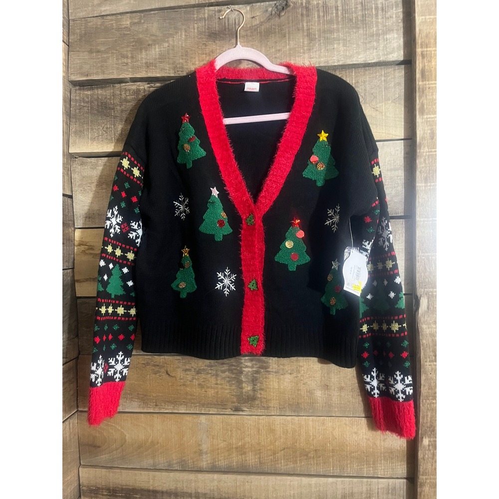 Holiday Time Womens Christmas Tree Ugly Sweater Cardigan Black Red M 8-10 NWT‎
